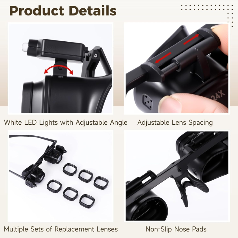 Loupe frontale LED 2X-24X, loupe de précision mains-libres avec double éclairage LED, lentille haute clarté pour la soudure, la réparation électronique