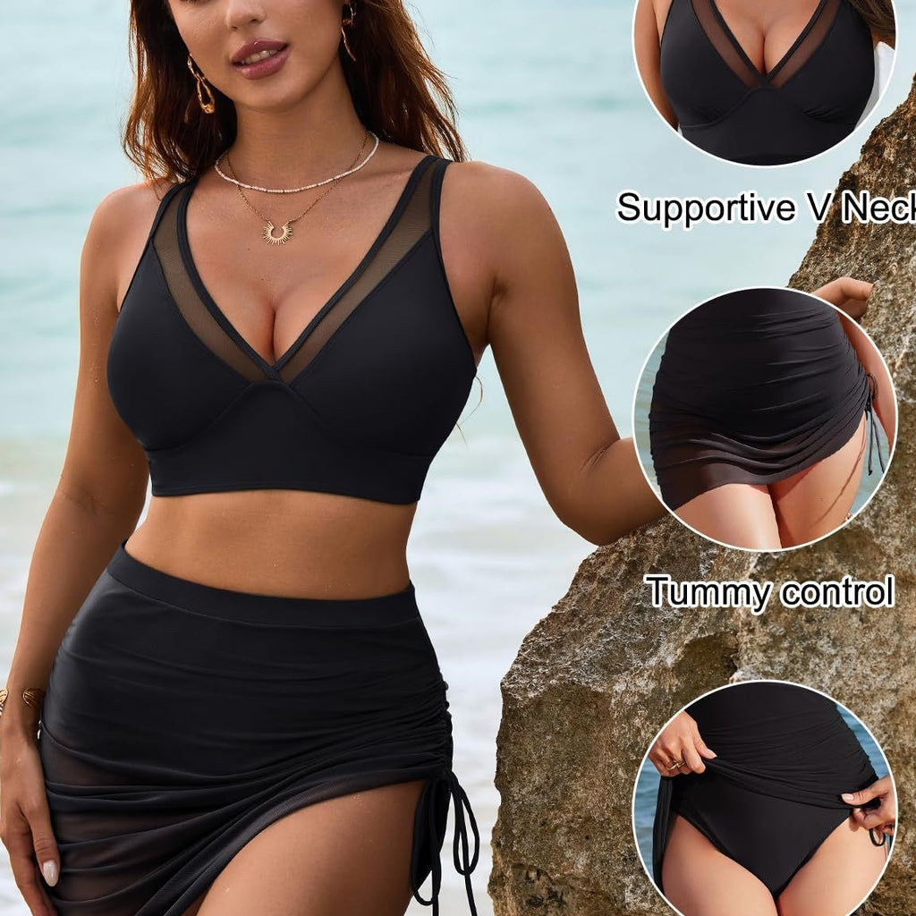 Ensemble de bikini taille haute en maille pour femme