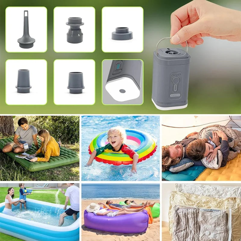 Pompe à air de camping rechargeable – Lumière LED, gonflage rapide, compacte