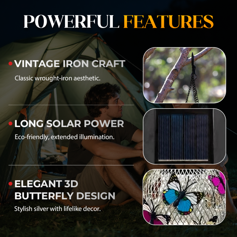 Lanterne solaire en fer avec motif papillon – résistante aux intempéries, lumineuse et décorative, idéale pour le jardin, la terrasse et le balcon