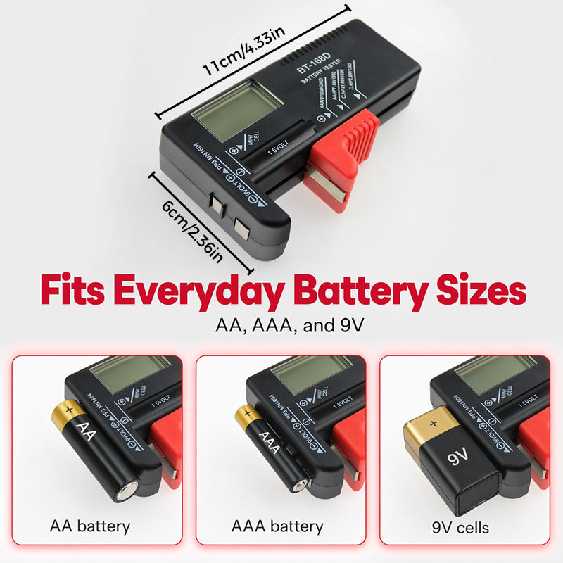 Testeur de batterie numérique 2026 – Grand écran LCD indiquant la puissance restante exacte. Compact et portable – testez avant de jeter !
