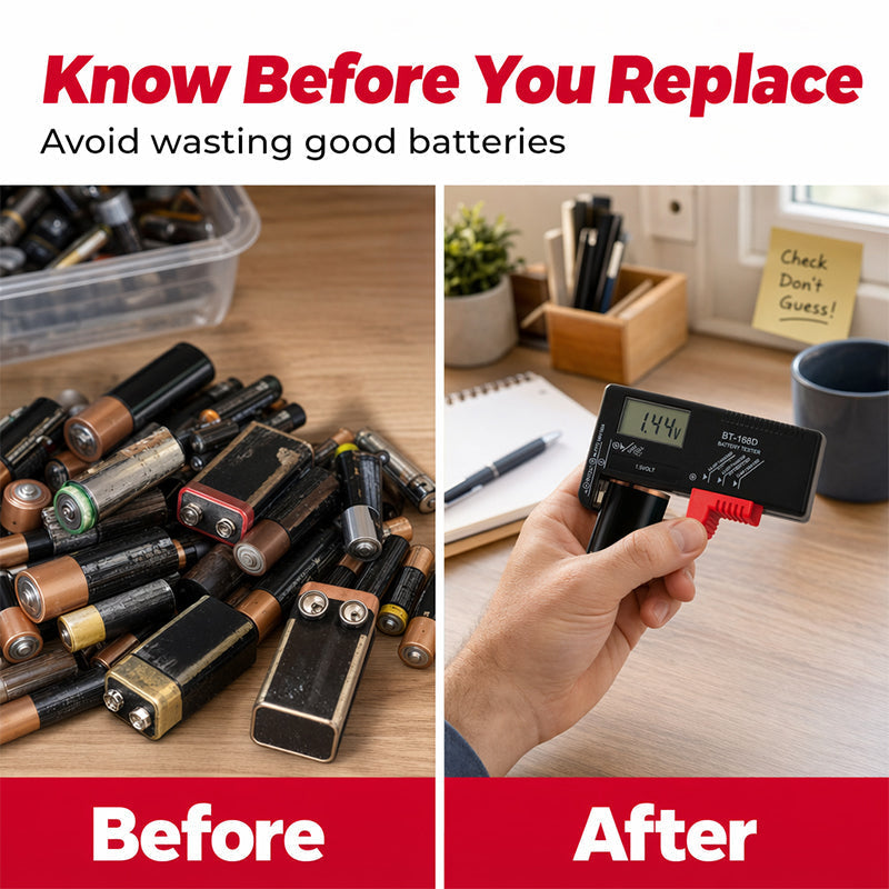 Testeur de batterie numérique 2026 – Grand écran LCD indiquant la puissance restante exacte. Compact et portable – testez avant de jeter !