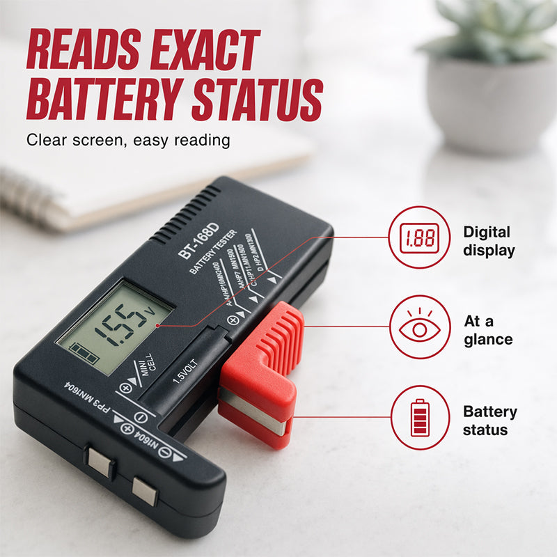 Testeur de batterie numérique 2026 – Grand écran LCD indiquant la puissance restante exacte. Compact et portable – testez avant de jeter !