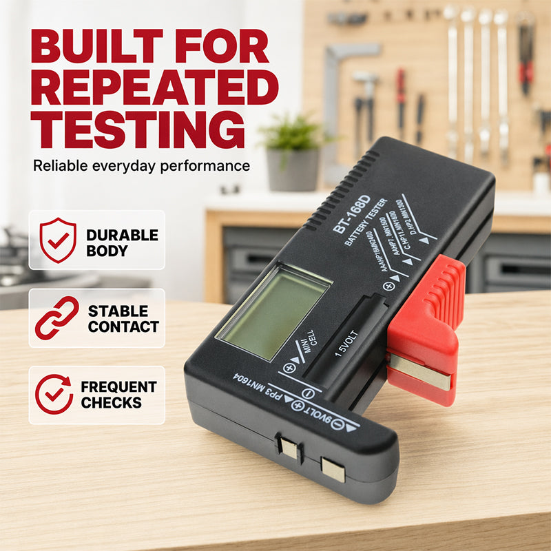 Testeur de batterie numérique 2026 – Grand écran LCD indiquant la puissance restante exacte. Compact et portable – testez avant de jeter !
