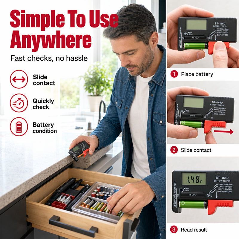 Testeur de batterie numérique 2026 – Grand écran LCD indiquant la puissance restante exacte. Compact et portable – testez avant de jeter !