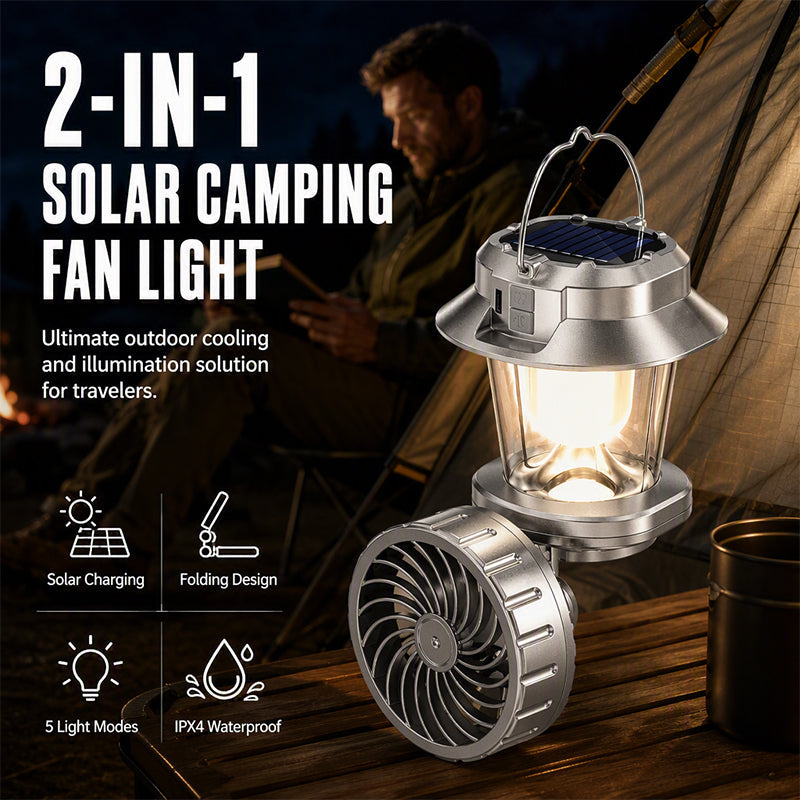 Ventilateur solaire pliable – 1200 mAh, rechargeable par USB-C, éclairage LED, pour le camping