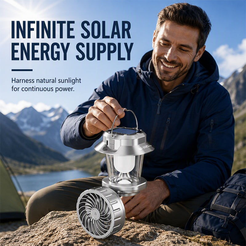 Ventilateur solaire pliable – 1200 mAh, rechargeable par USB-C, éclairage LED, pour le camping