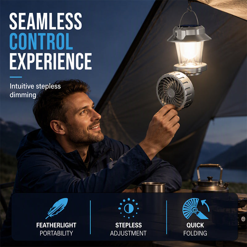 Ventilateur solaire pliable – 1200 mAh, rechargeable par USB-C, éclairage LED, pour le camping