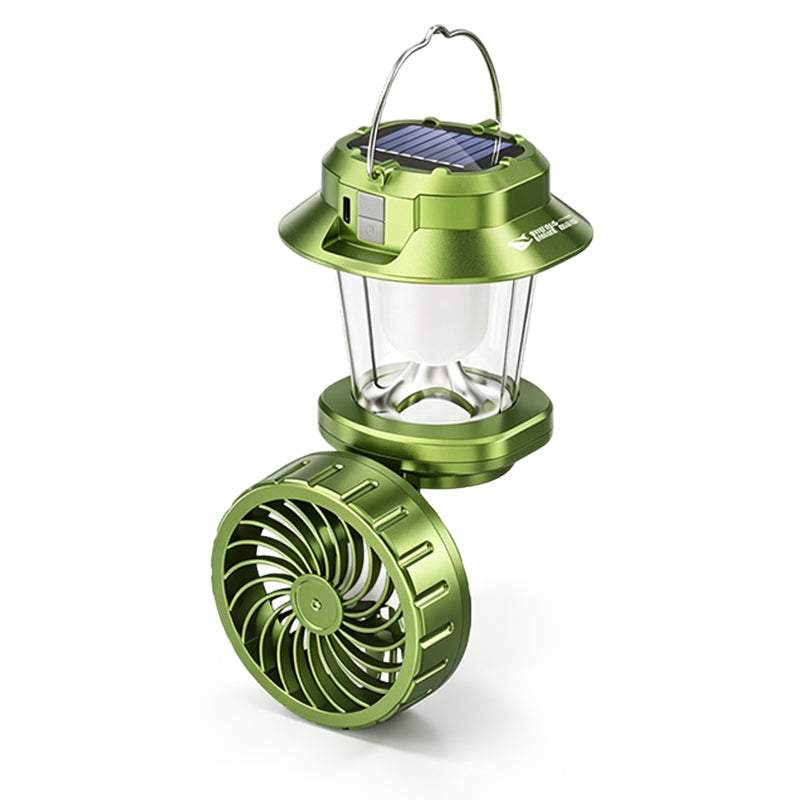 Ventilateur solaire pliable – 1200 mAh, rechargeable par USB-C, éclairage LED, pour le camping