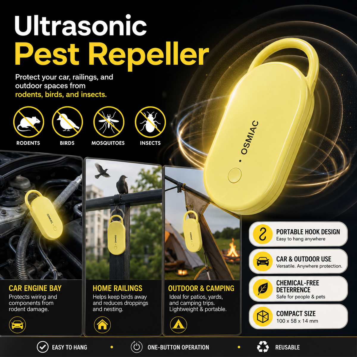 Répulsif antiparasitaire à ultrasons portable avec crochet de suspension pour voiture