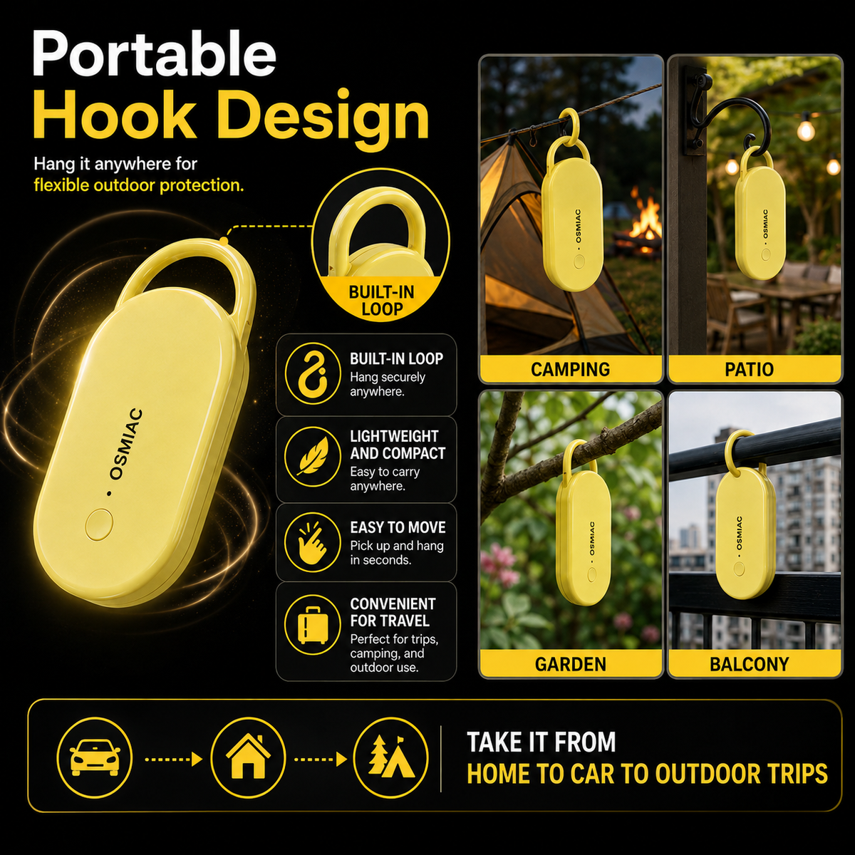 Répulsif antiparasitaire à ultrasons portable avec crochet de suspension pour voiture
