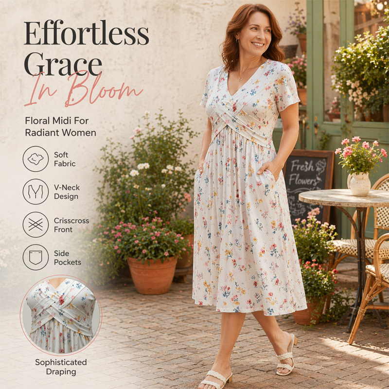 Robe à fleurs à col en V pour femme avec taille torsadée
