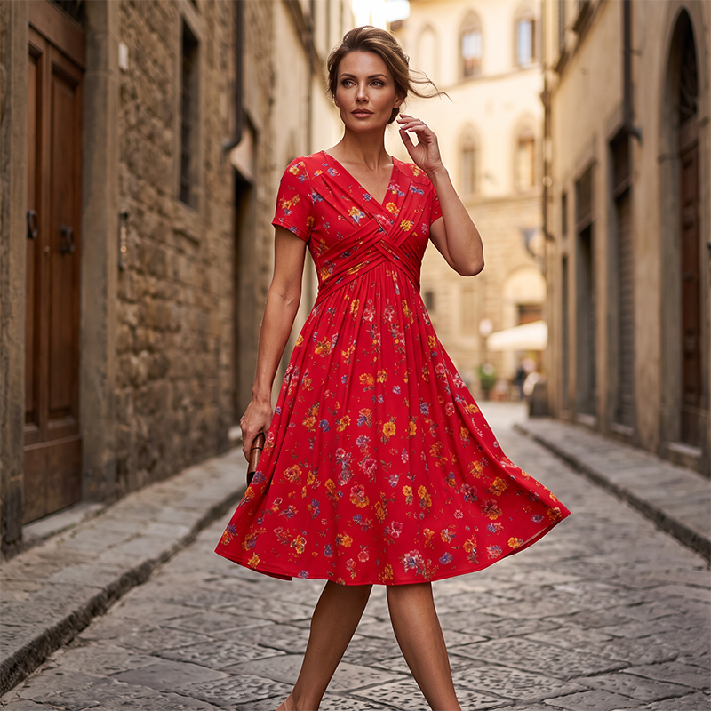 Robe à fleurs à col en V pour femme avec taille torsadée