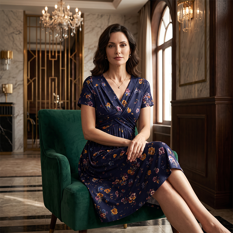 Robe à fleurs à col en V pour femme avec taille torsadée