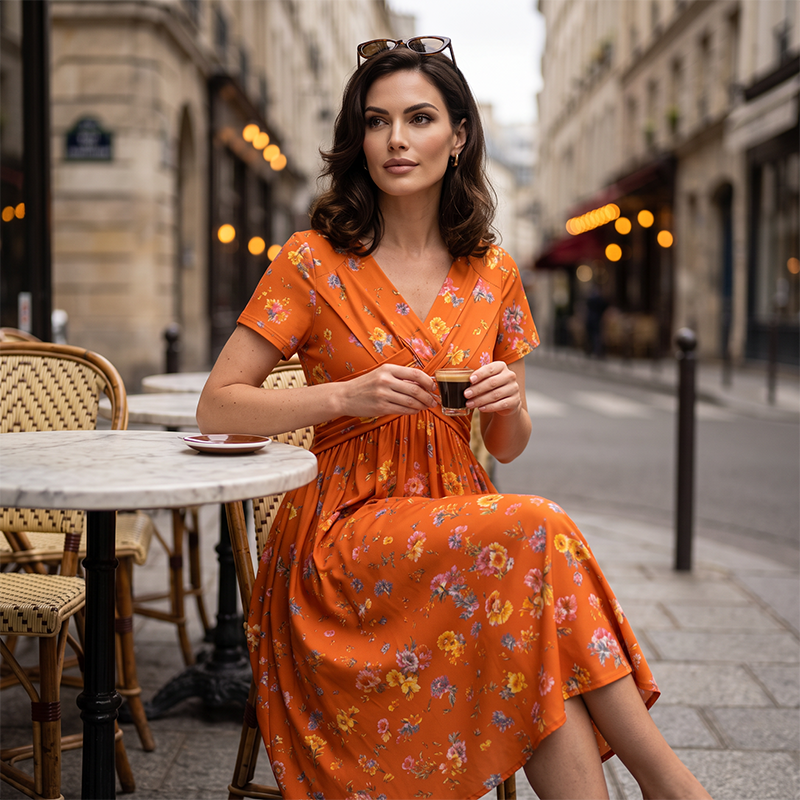 Robe à fleurs à col en V pour femme avec taille torsadée