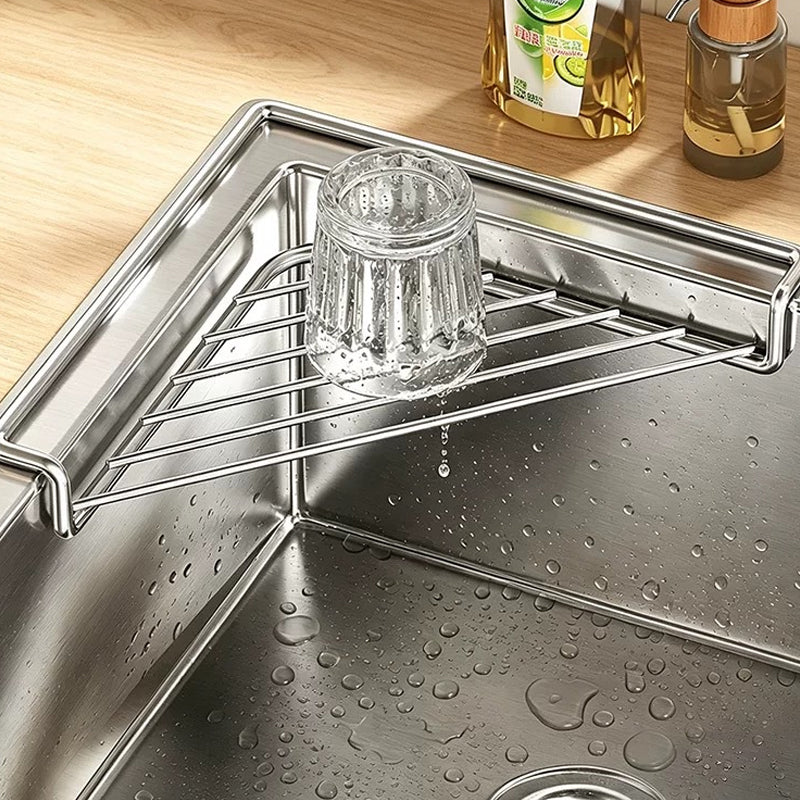 Fini les éponges visqueuses – Étagère d'angle en acier inoxydable avec plateau à drainage rapide. Garde les comptoirs au sec. Stock aux États-Unis.