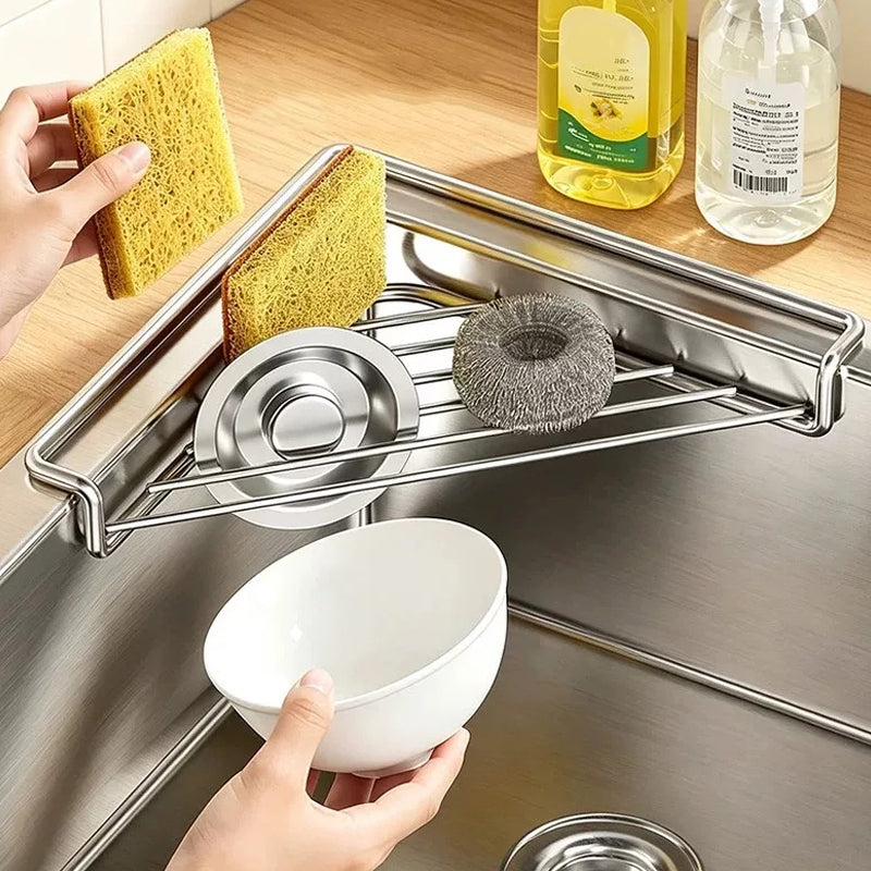 Fini les éponges visqueuses – Étagère d'angle en acier inoxydable avec plateau à drainage rapide. Garde les comptoirs au sec. Stock aux États-Unis.