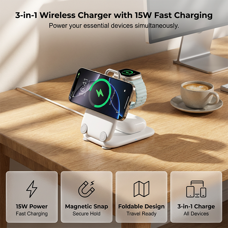Support de chargeur sans fil magnétique pliable 3 en 1