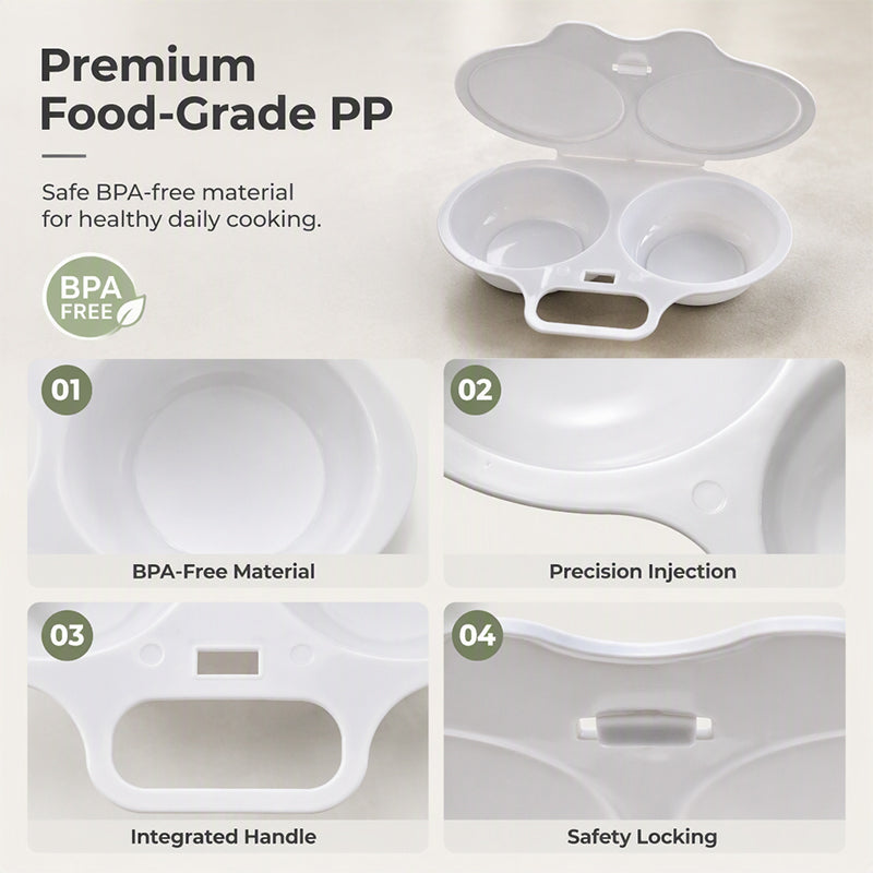 Pocheuse à œufs double cavité pour micro-ondes – Cuisson rapide sans huile, PP de qualité alimentaire et polyvalente. Parfait pour les matins pressés – un petit-déjeuner sain en quelques minutes !