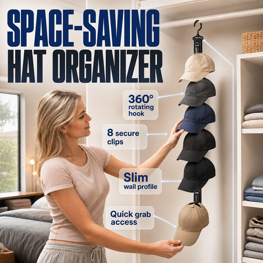 Porte-casquettes mural à 8 clips – Idéal pour économiser de l'espace et exposer votre collection de casquettes, pour chambre, placard