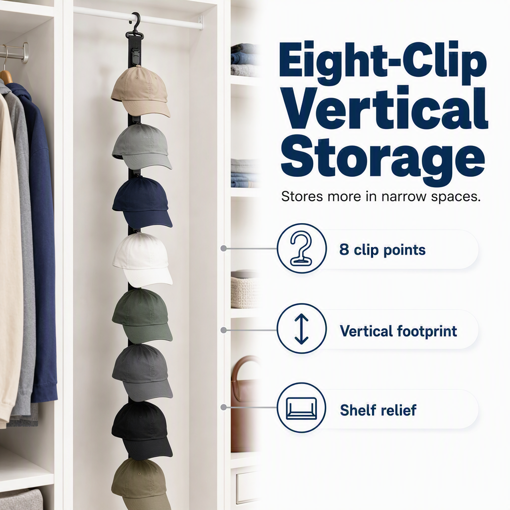 Porte-casquettes mural à 8 clips – Idéal pour économiser de l'espace et exposer votre collection de casquettes, pour chambre, placard
