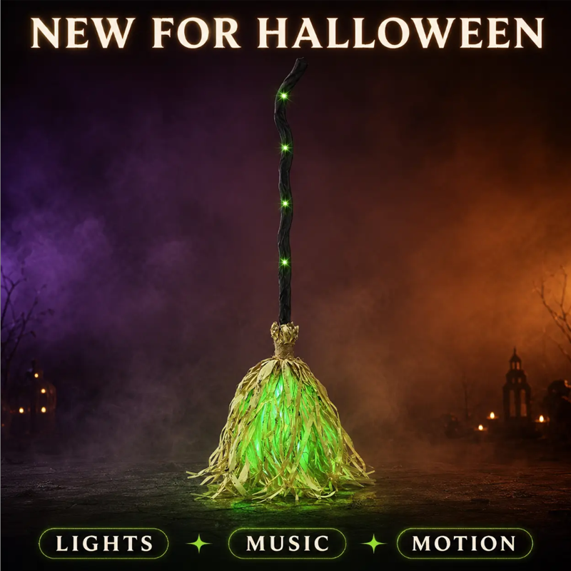 Décoration d'Halloween Balai de sorcière animé avec lumières et sons