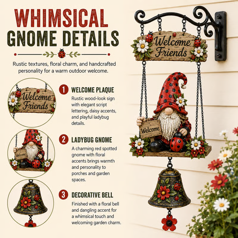 2026 Sonnette de bienvenue Gnome pour extérieur – Charmante figurine de gnome avec clochette mélodieuse. Alliage de zinc durable, résistant aux intempéries et facile à accrocher – un