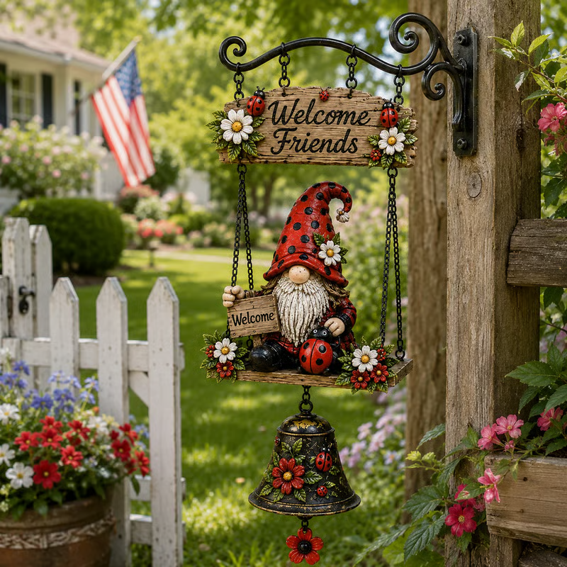 2026 Sonnette de bienvenue Gnome pour extérieur – Charmante figurine de gnome avec clochette mélodieuse. Alliage de zinc durable, résistant aux intempéries et facile à accrocher – un