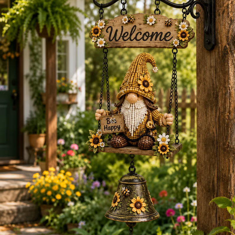 2026 Sonnette de bienvenue Gnome pour extérieur – Charmante figurine de gnome avec clochette mélodieuse. Alliage de zinc durable, résistant aux intempéries et facile à accrocher – un