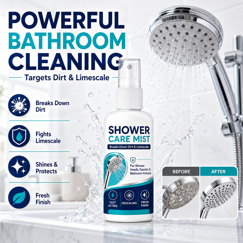 Spray détartrant douche action rapide – Dissout les dépôts minéraux tenaces et les traces d’eau dure. Restaure le débit d'eau et la brillance – il suffit de vaporiser et d'essuyer !