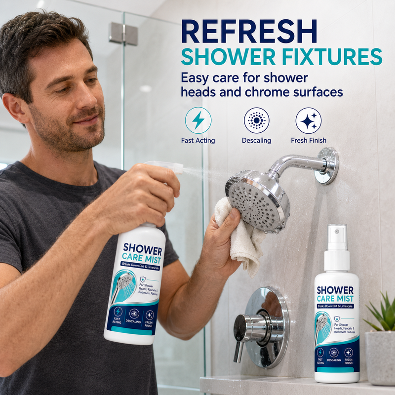 Spray détartrant douche action rapide – Dissout les dépôts minéraux tenaces et les traces d’eau dure. Restaure le débit d'eau et la brillance – il suffit de vaporiser et d'essuyer !