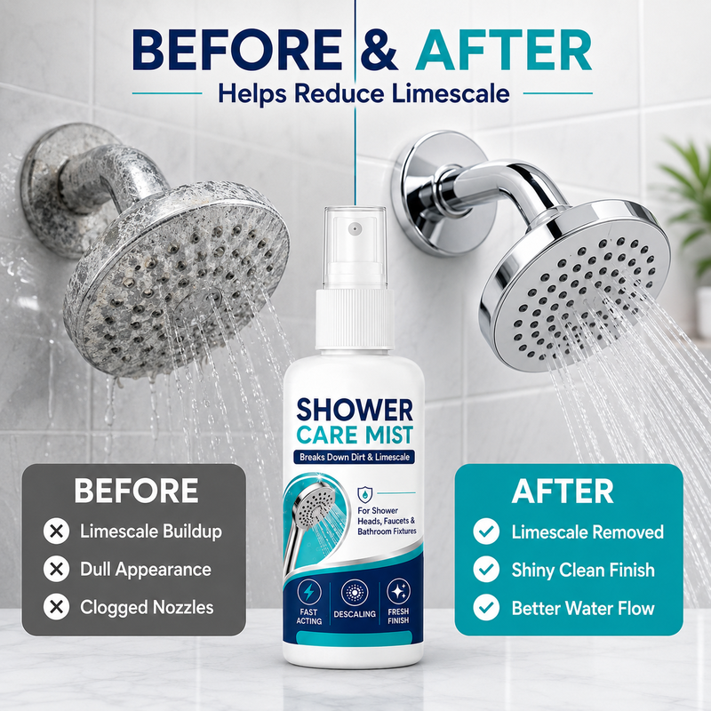 Spray détartrant douche action rapide – Dissout les dépôts minéraux tenaces et les traces d’eau dure. Restaure le débit d'eau et la brillance – il suffit de vaporiser et d'essuyer !
