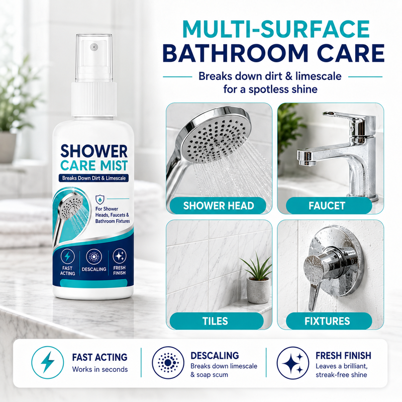 Spray détartrant douche action rapide – Dissout les dépôts minéraux tenaces et les traces d’eau dure. Restaure le débit d'eau et la brillance – il suffit de vaporiser et d'essuyer !
