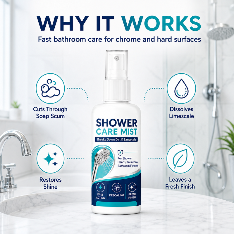 Spray détartrant douche action rapide – Dissout les dépôts minéraux tenaces et les traces d’eau dure. Restaure le débit d'eau et la brillance – il suffit de vaporiser et d'essuyer !