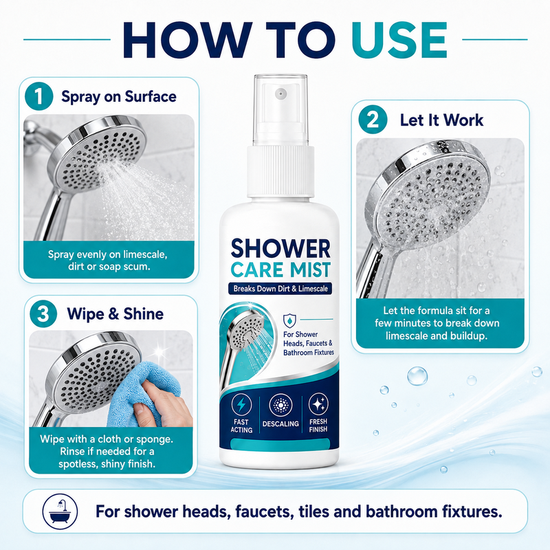 Spray détartrant douche action rapide – Dissout les dépôts minéraux tenaces et les traces d’eau dure. Restaure le débit d'eau et la brillance – il suffit de vaporiser et d'essuyer !