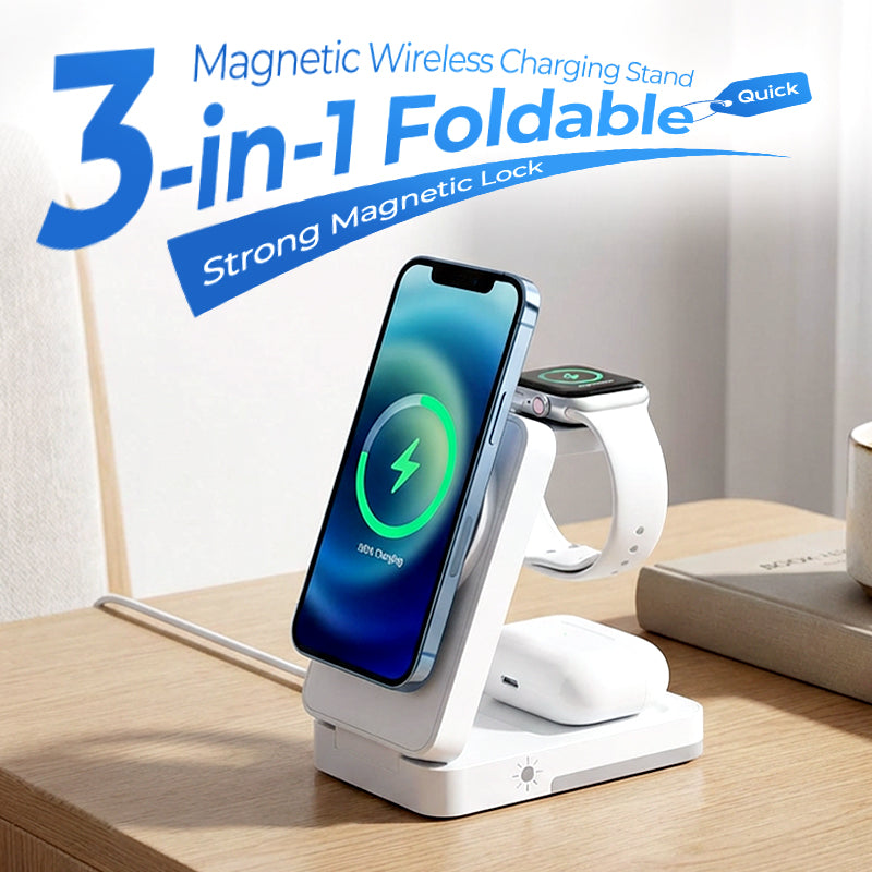 Station de recharge magnétique pliable 3-en-1 pour appareils du quotidien