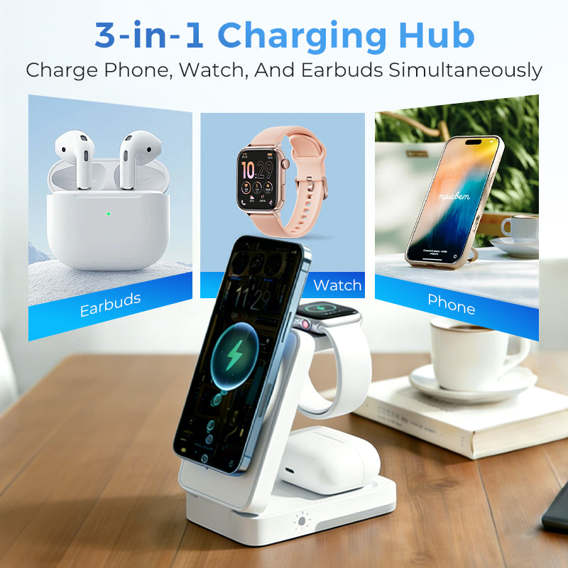 Station de recharge magnétique pliable 3-en-1 pour appareils du quotidien
