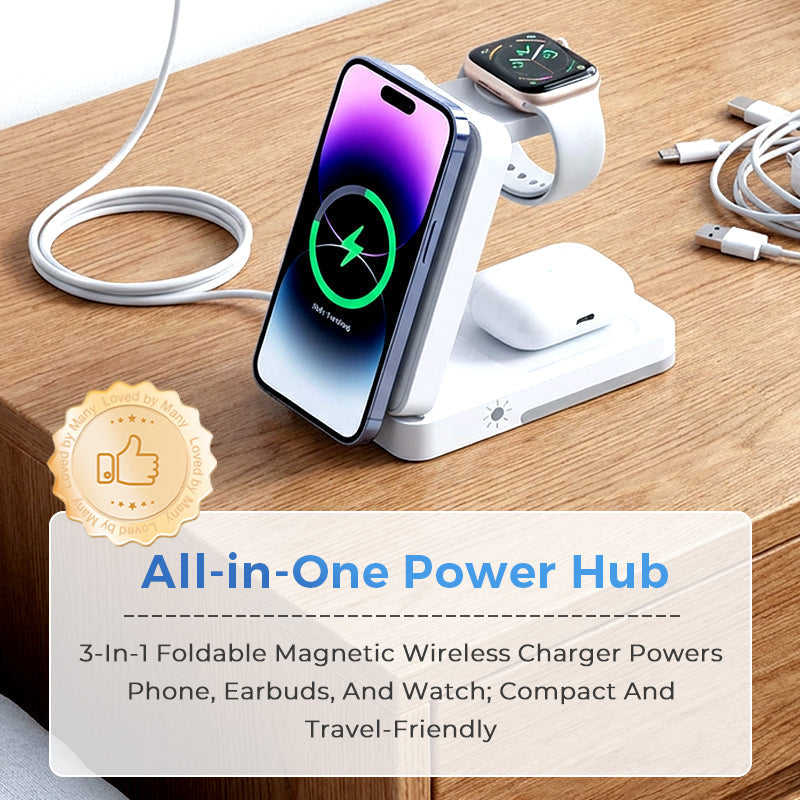Station de recharge magnétique pliable 3-en-1 pour appareils du quotidien