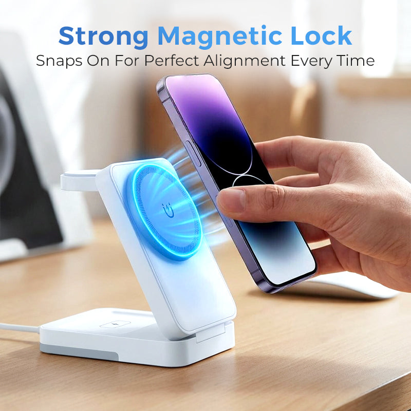 Station de recharge magnétique pliable 3-en-1 pour appareils du quotidien