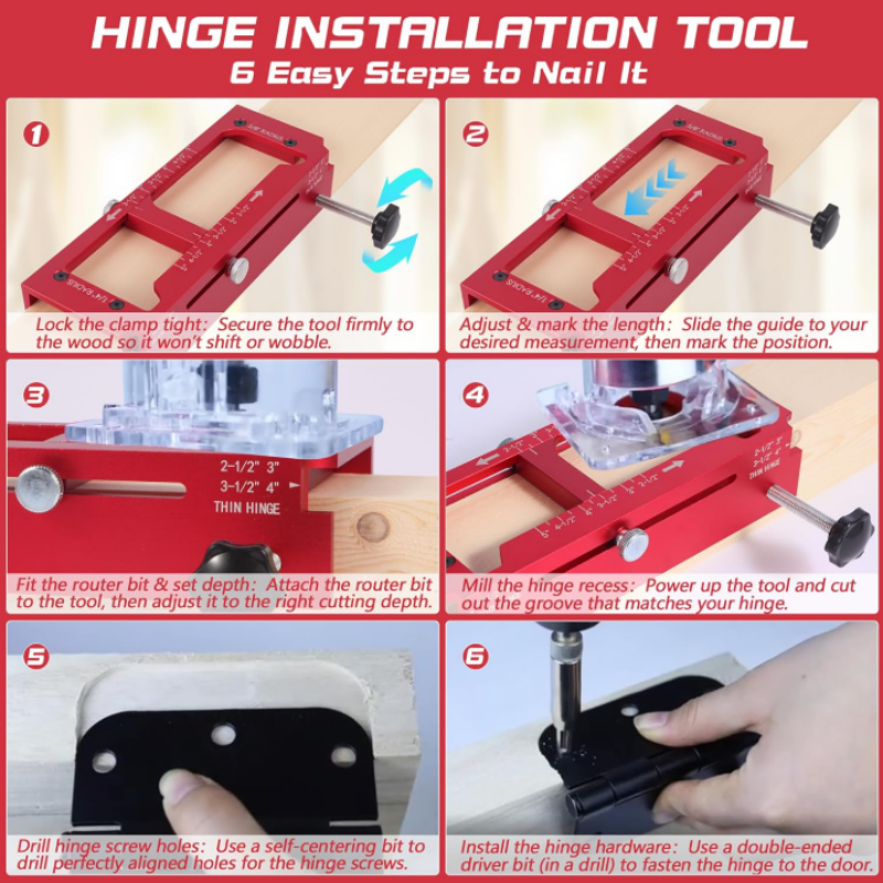 Kit de gabarit de mortaisage pour charnières de porte réglable – Fraisage de précision, installation rapide et idéal pour les menuisiers, ébénistes et rénovations résidentielles DIY