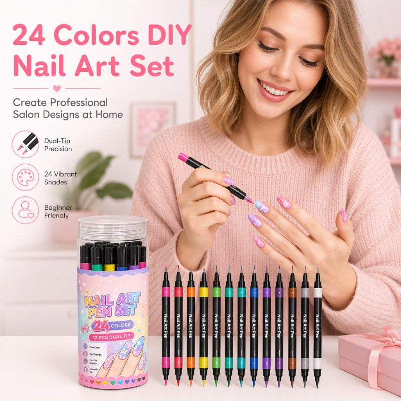 ©\OFFRE©\LIMITÉE©\Lot de 24 Stylos de Nail Art à Double Pointe – Créatif, Qualité Salon, Facile à Utiliser Soi-même