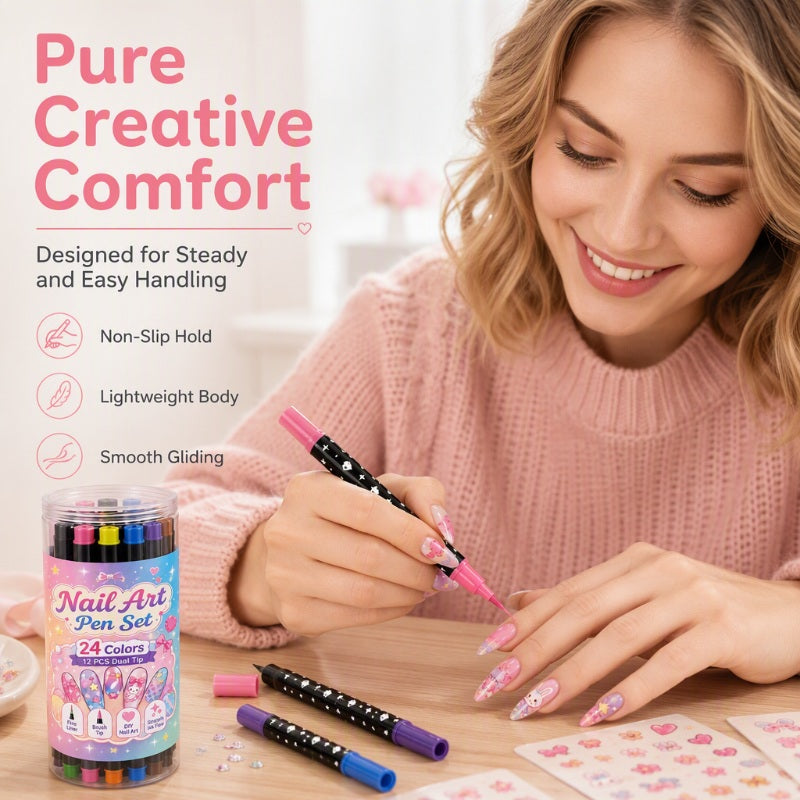 ©\OFFRE©\LIMITÉE©\Lot de 24 Stylos de Nail Art à Double Pointe – Créatif, Qualité Salon, Facile à Utiliser Soi-même
