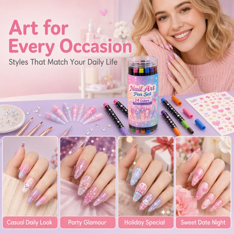 ©\OFFRE©\LIMITÉE©\Lot de 24 Stylos de Nail Art à Double Pointe – Créatif, Qualité Salon, Facile à Utiliser Soi-même