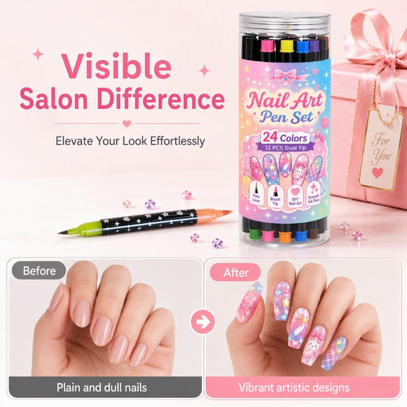 ©\OFFRE©\LIMITÉE©\Lot de 24 Stylos de Nail Art à Double Pointe – Créatif, Qualité Salon, Facile à Utiliser Soi-même