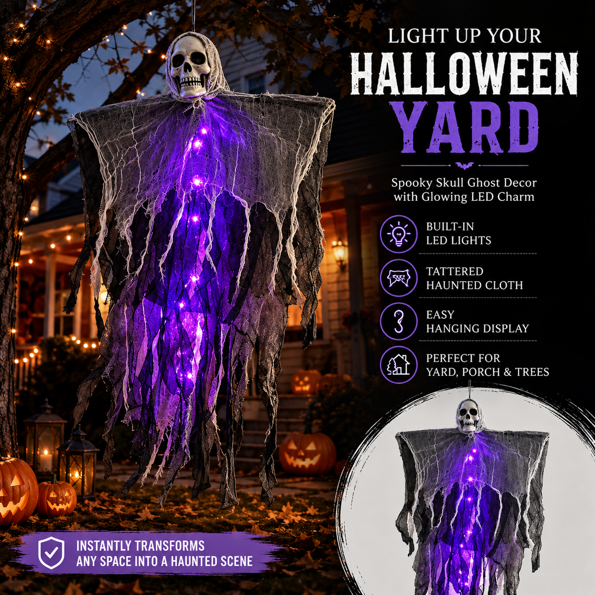 Fantôme d'Halloween à suspendre avec lumières LED