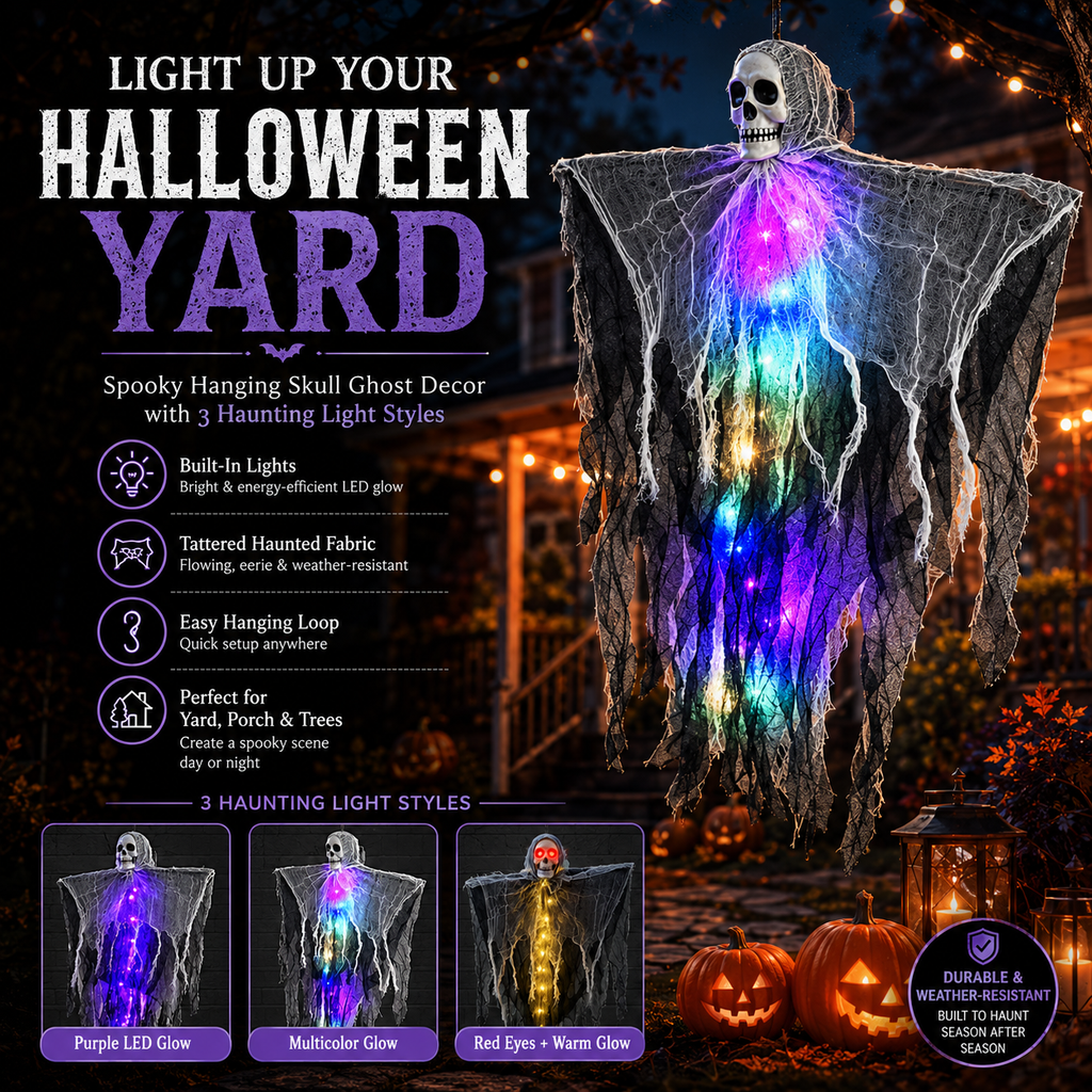 Fantôme d'Halloween à suspendre avec lumières LED
