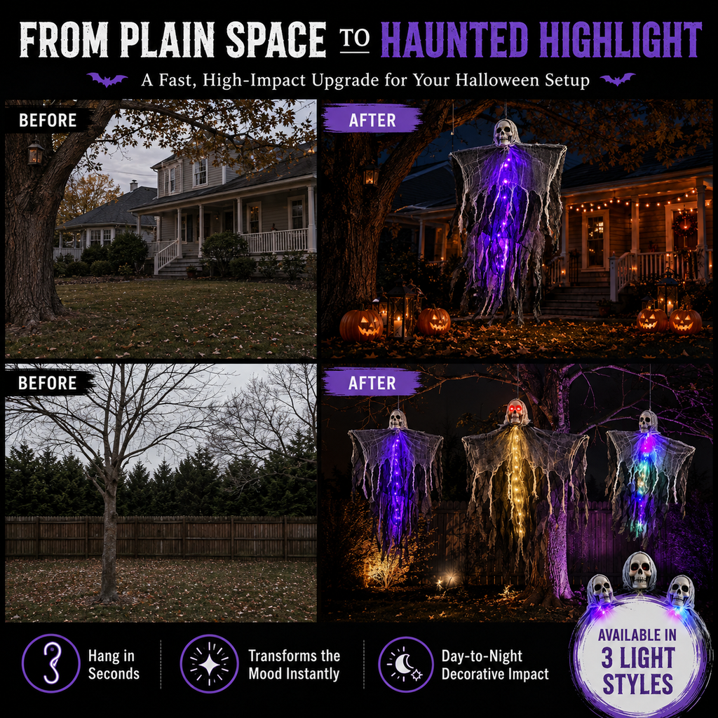 Fantôme d'Halloween à suspendre avec lumières LED