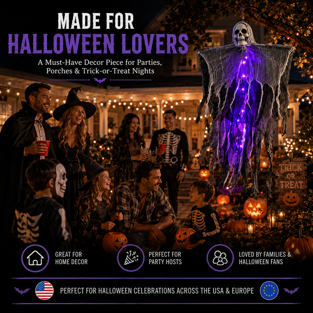 Fantôme d'Halloween à suspendre avec lumières LED