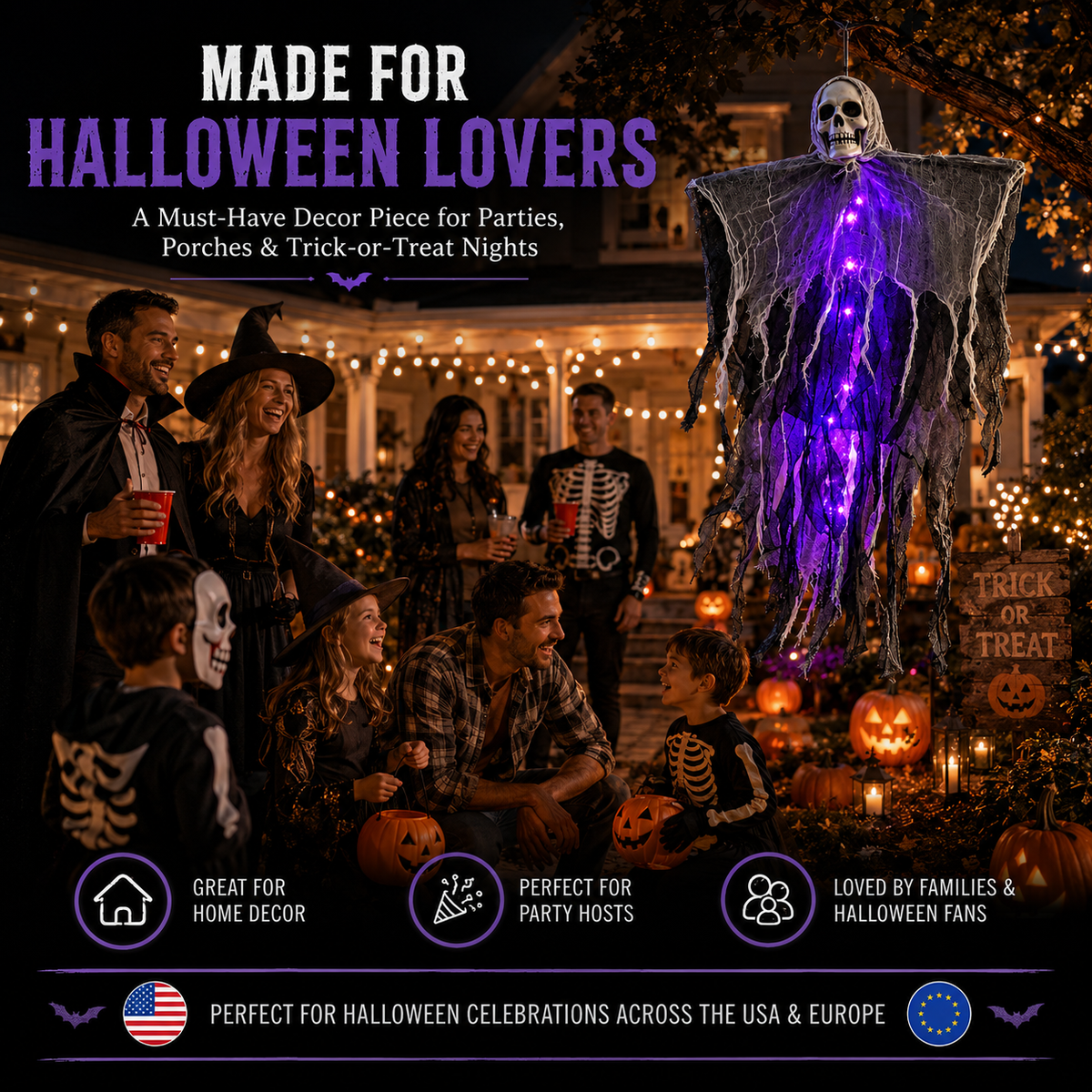 Fantôme d'Halloween à suspendre avec lumières LED