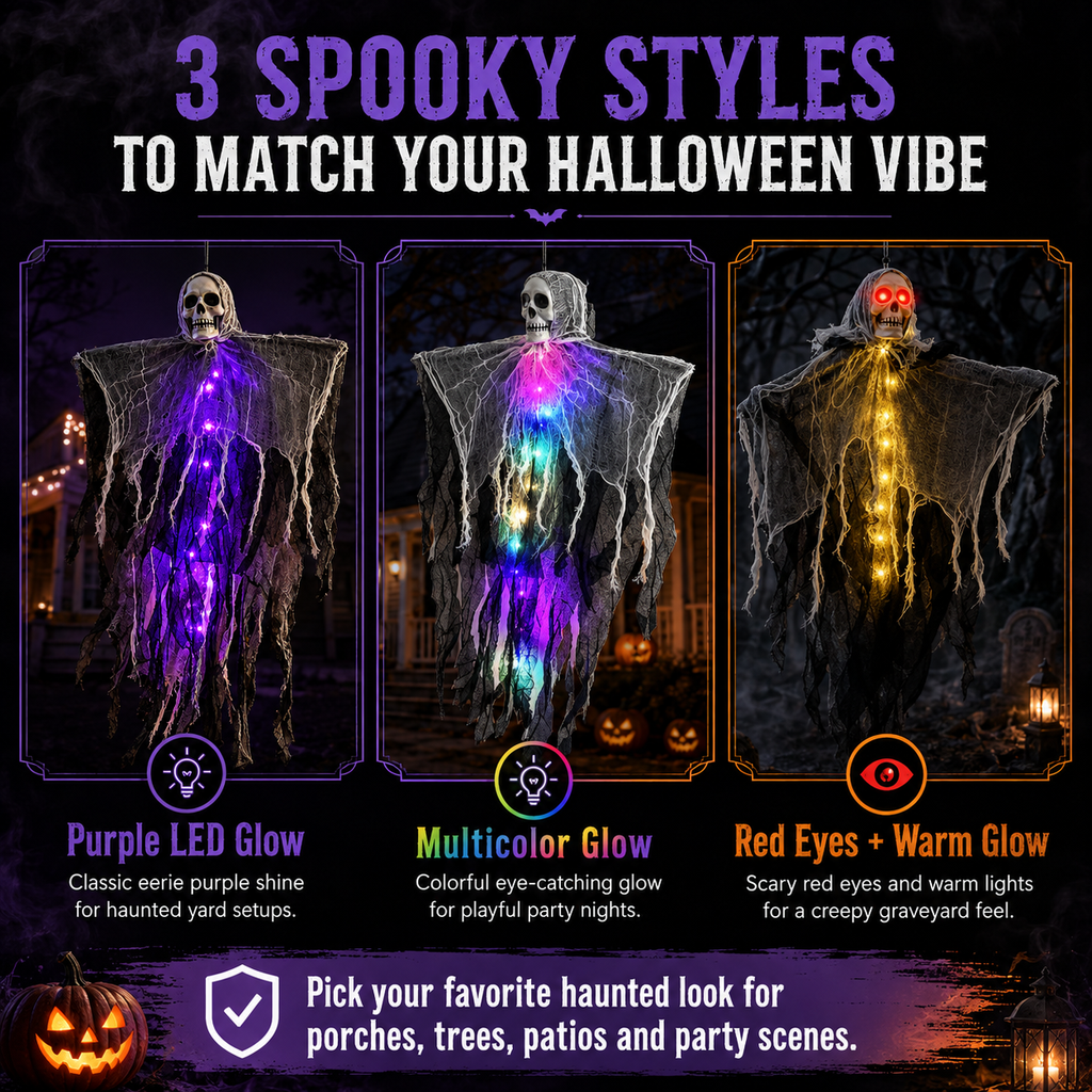 Fantôme d'Halloween à suspendre avec lumières LED